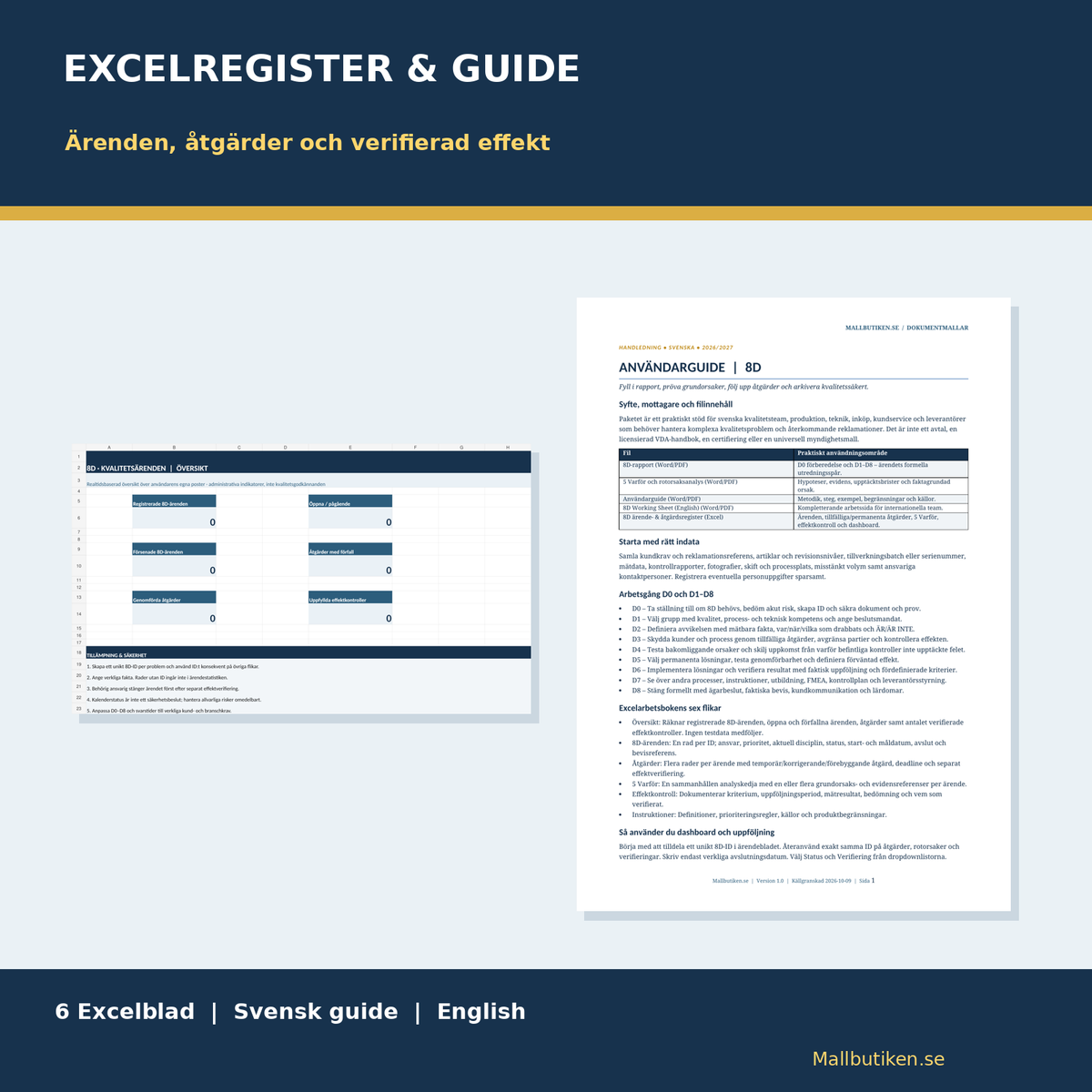8D Excel ärenderegister åtgärdsuppföljning effektkontroll och svensk guide