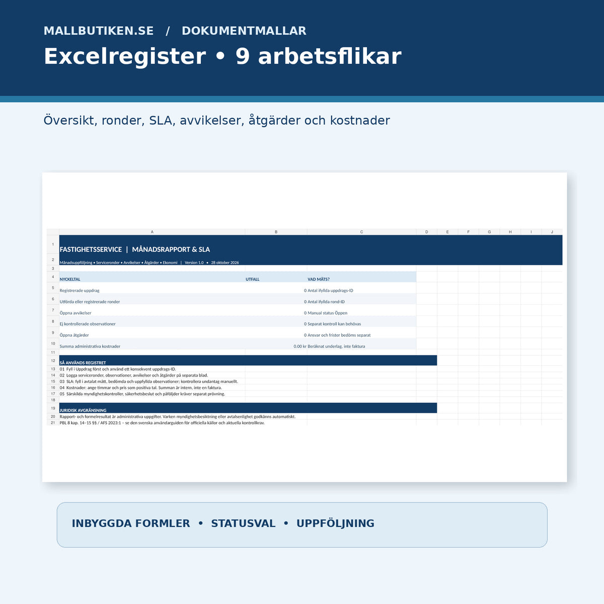 Fastighetsservice Excelregister med nio flikar för serviceronder SLA avvikelser och kostnader