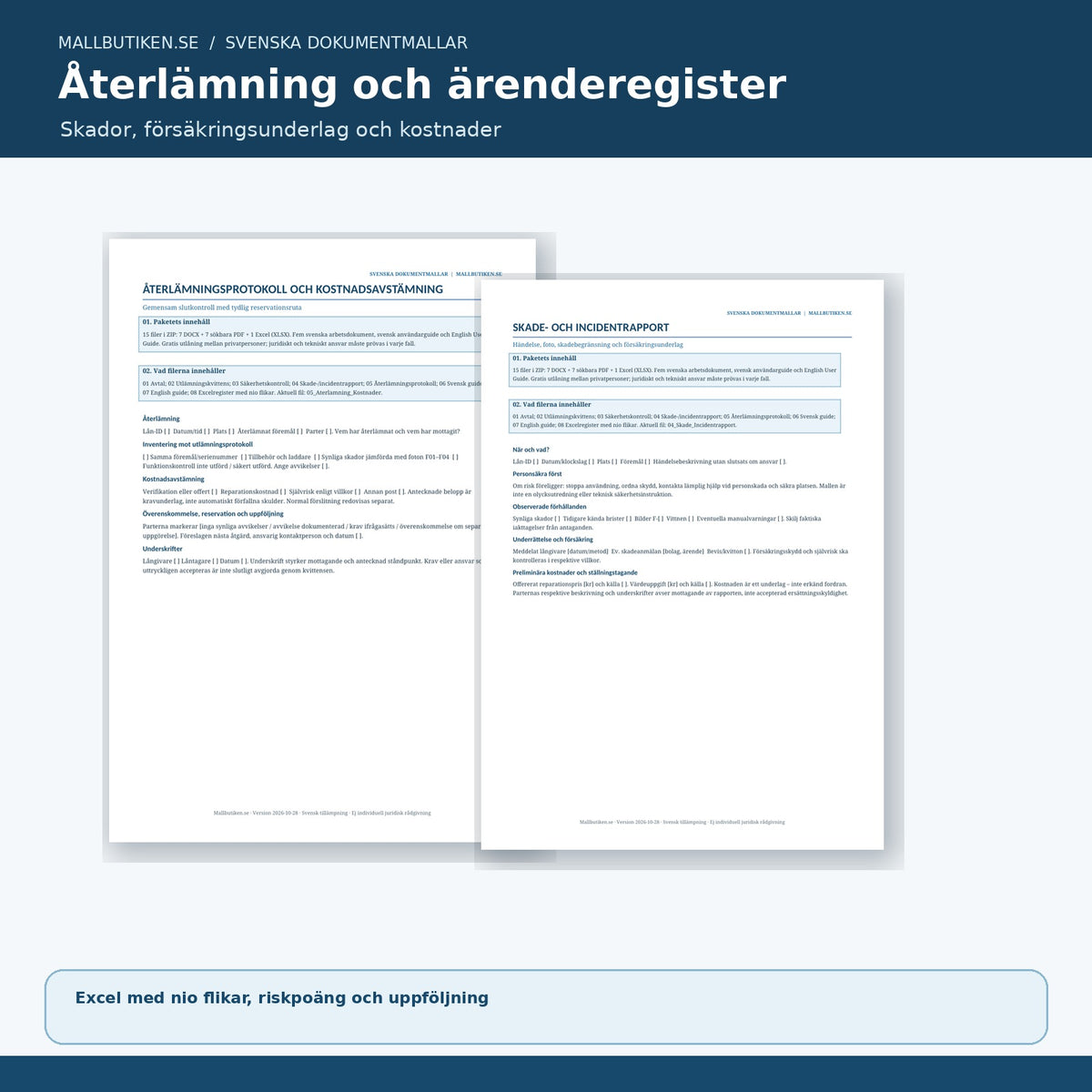 Återlämningsprotokoll och skadejournal för lånade verktyg, Excelregister ingår