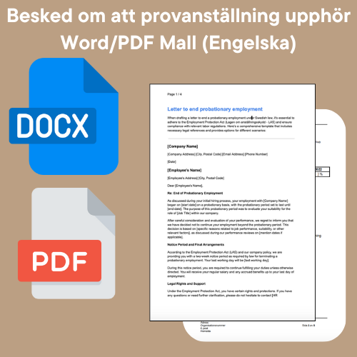 Besked om att provanställning upphör Word/PDF Mall (Engelska)