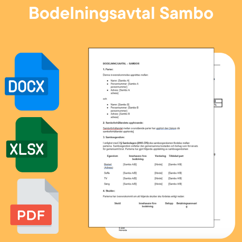 Bodelning Sambo Mall - Bodelningsavtal Sambo Word/PDF/Excel