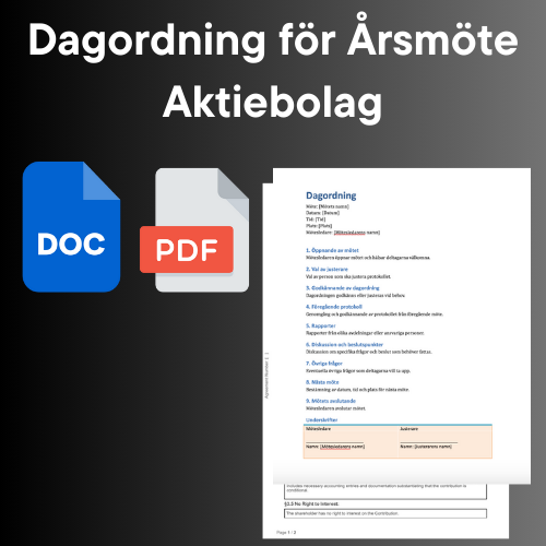 Mall för dagordning för aktiebolag årsmöte med DOC och PDF ikoner.