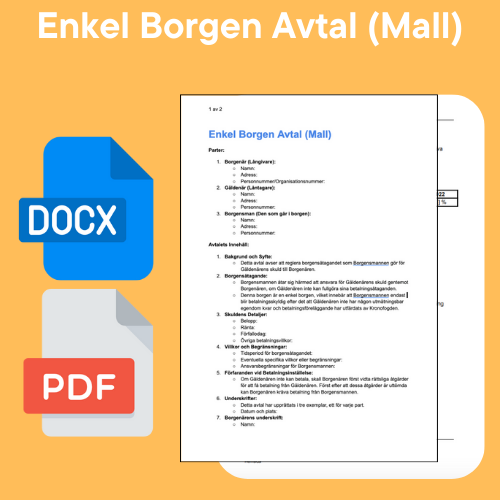Enkel Borgen Avtal (Mall) -  Privatperson Borgen Word/PDF