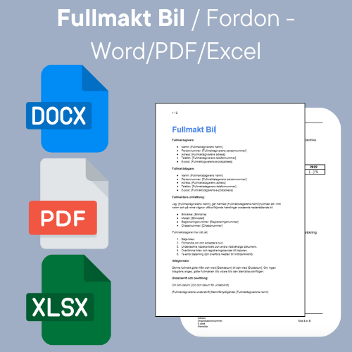 Fullmakt Bil / Fordon Mall - Word/PDF/Excel