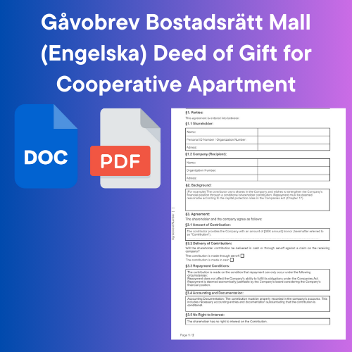 Gåvobrev Bostadsrätt Mall (Engelska) Deed of Gift for Cooperative Apartment