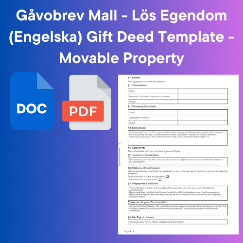 Gåvobrev Mall - Lös Egendom (Engelska) Gift Deed Template - Movable Property