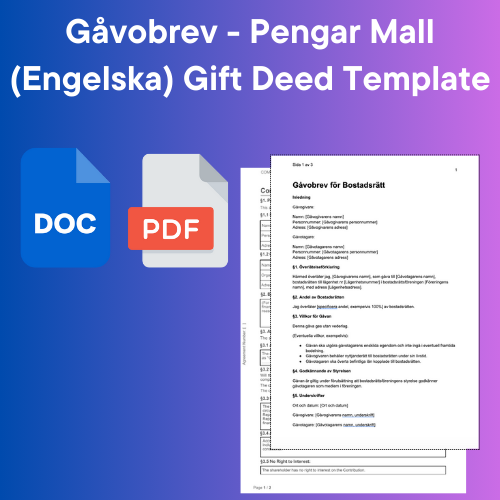 Gåvobrev för Pengar (Engelska) Mall - Gift Deed Template