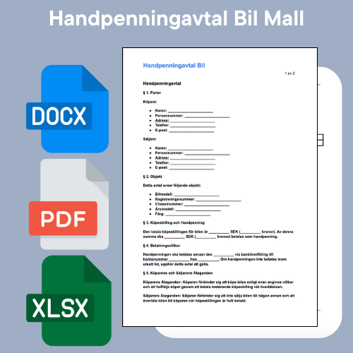Handpenningavtal Bil Mall - Word/PDF/Excel