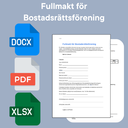 Fullmakt företräda Bostadsrättsförening Mall - Word/PDF/Excel