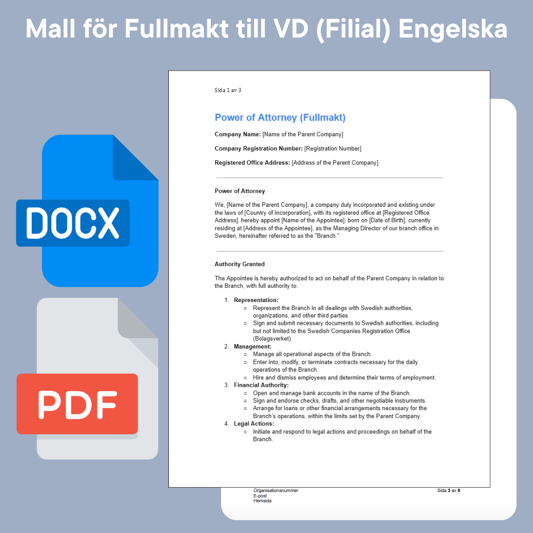 Power of attorney for CEO Branch Template (English) Word/PDF Swedish Law