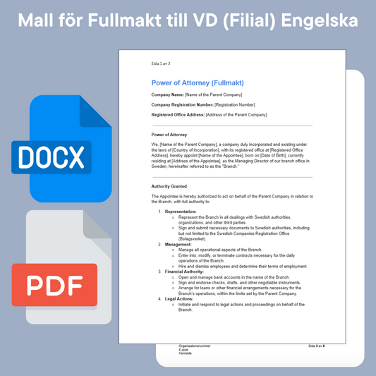Fullmakt till VD Filial Mall (Engelska) Word/PDF Swedish Law