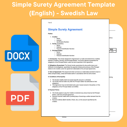 Simple Surety Agreement (English) Template - Swedish Law Word/PDF