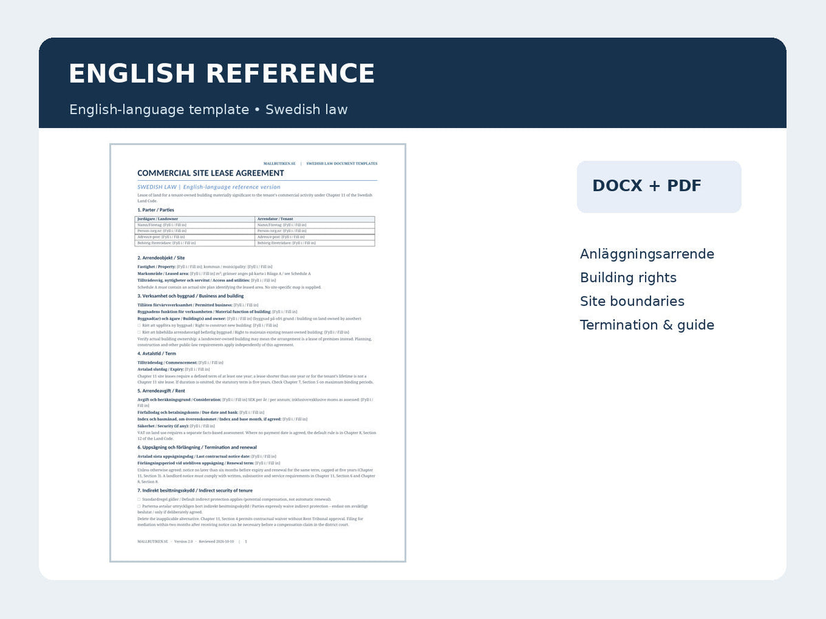 English reference commercial site lease under Swedish law in Word and PDF