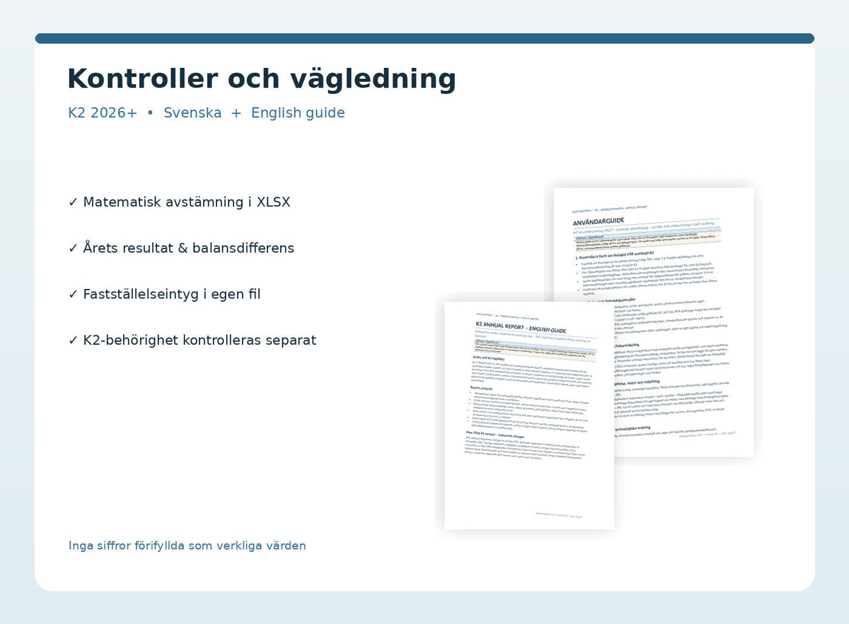K2 2027 användarguider, fastställelseintyg och kompletterande Excel-kontroller med balansdifferens