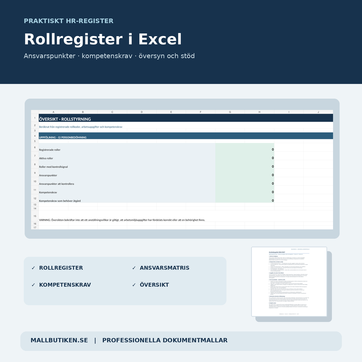 Excel rollregister kompetensmatris och användarguide befattningsbeskrivning