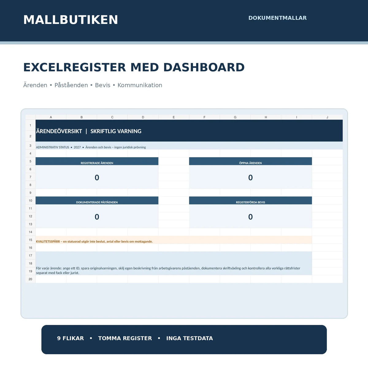 Excel dashboard 2027 för bemötande av skriftlig varning, ärende- och bevisregister