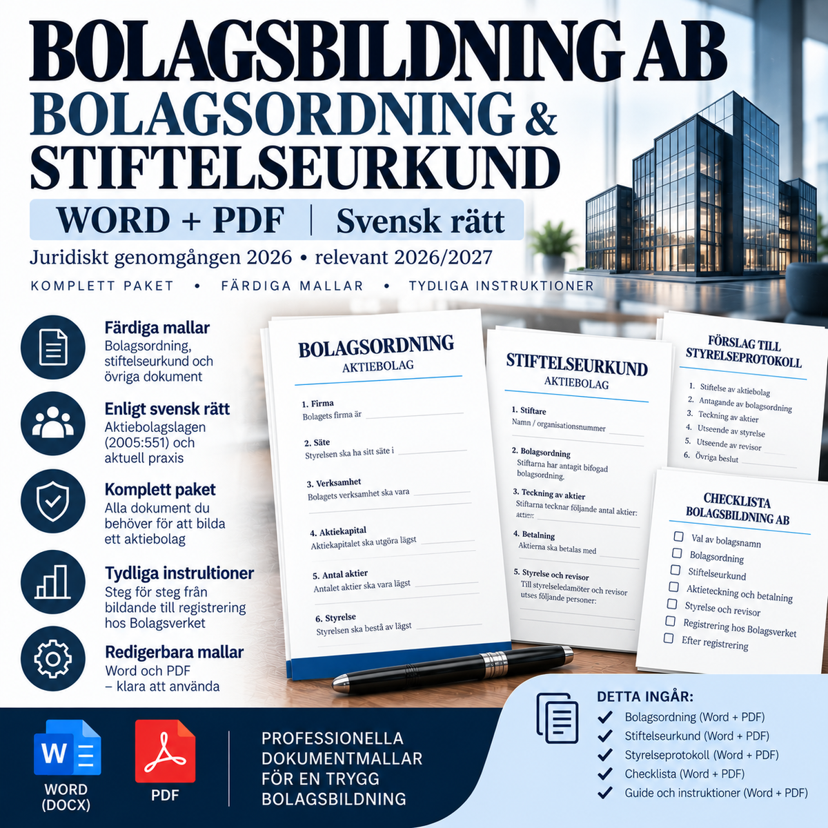 Bolagsbildning AB – Bolagsordning och Stiftelseurkund mallpaket Word PDF