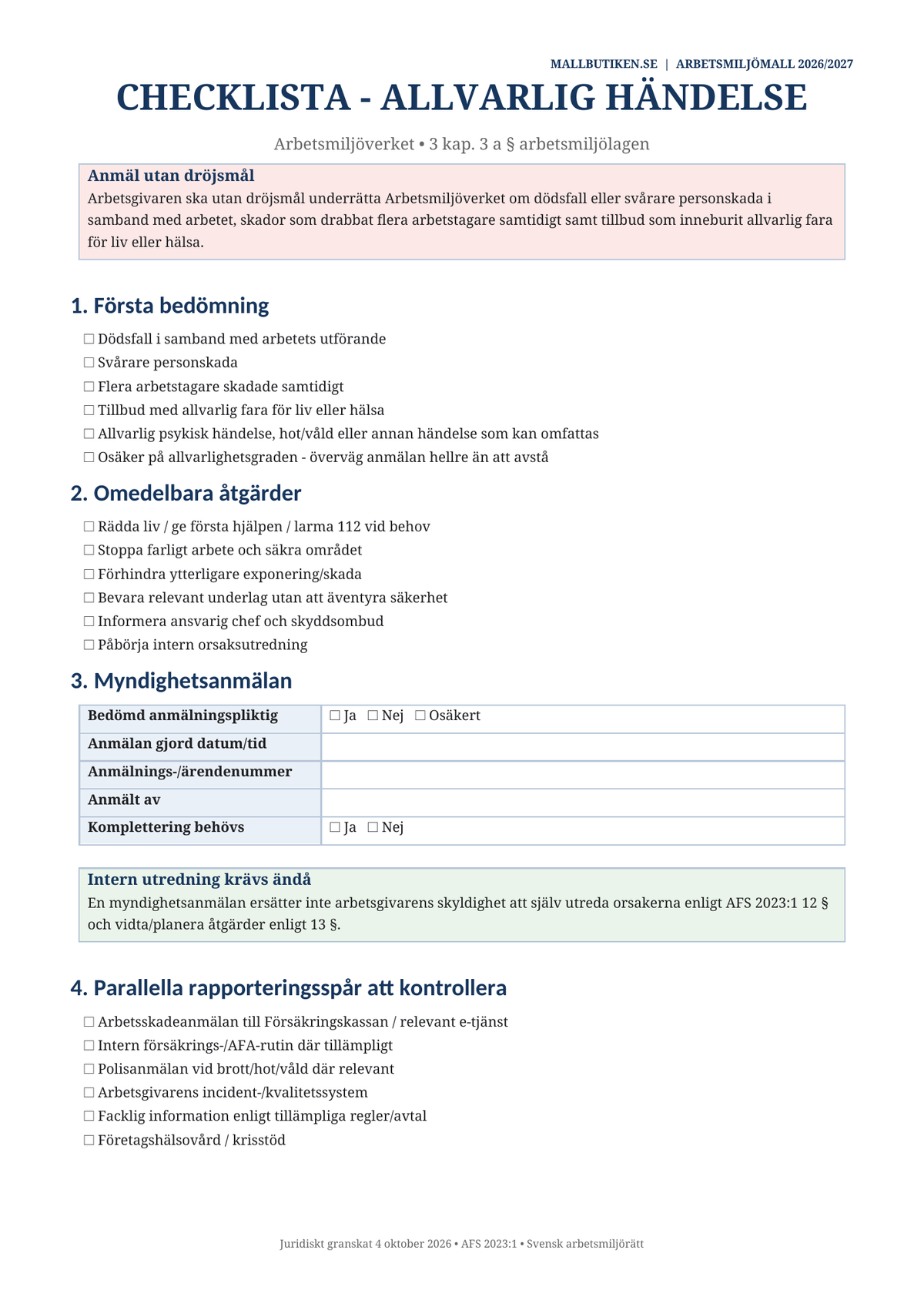 Checklista allvarligt tillbud Arbetsmiljöverket 3 kap 3 a arbetsmiljölagen