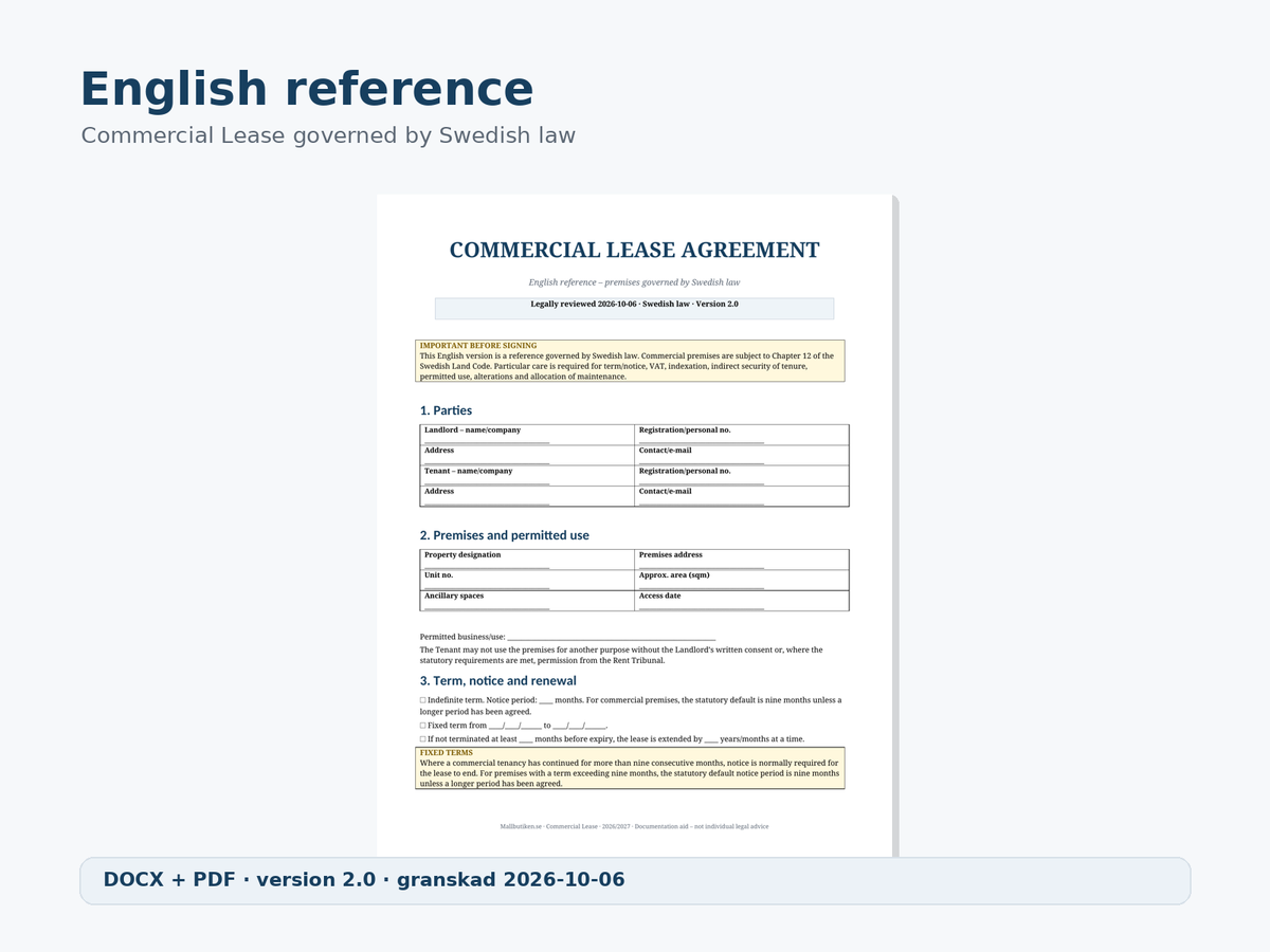 English reference preview of commercial lease agreement governed by Swedish law