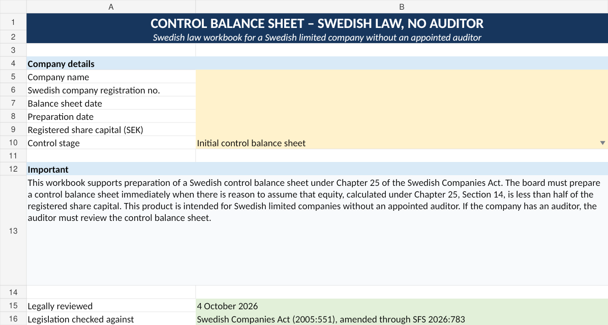Preview of English control balance sheet Excel template under Swedish law