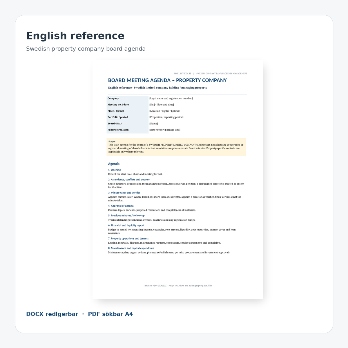 English reference Board Meeting Agenda for Swedish property company