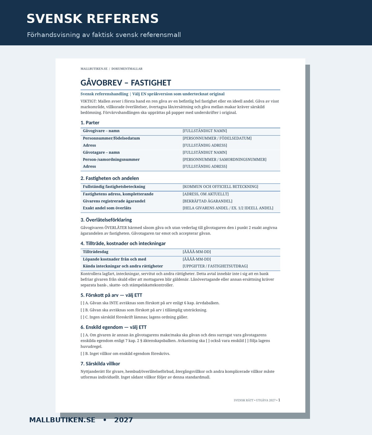Actual Swedish Gåvobrev fastighet reference document preview