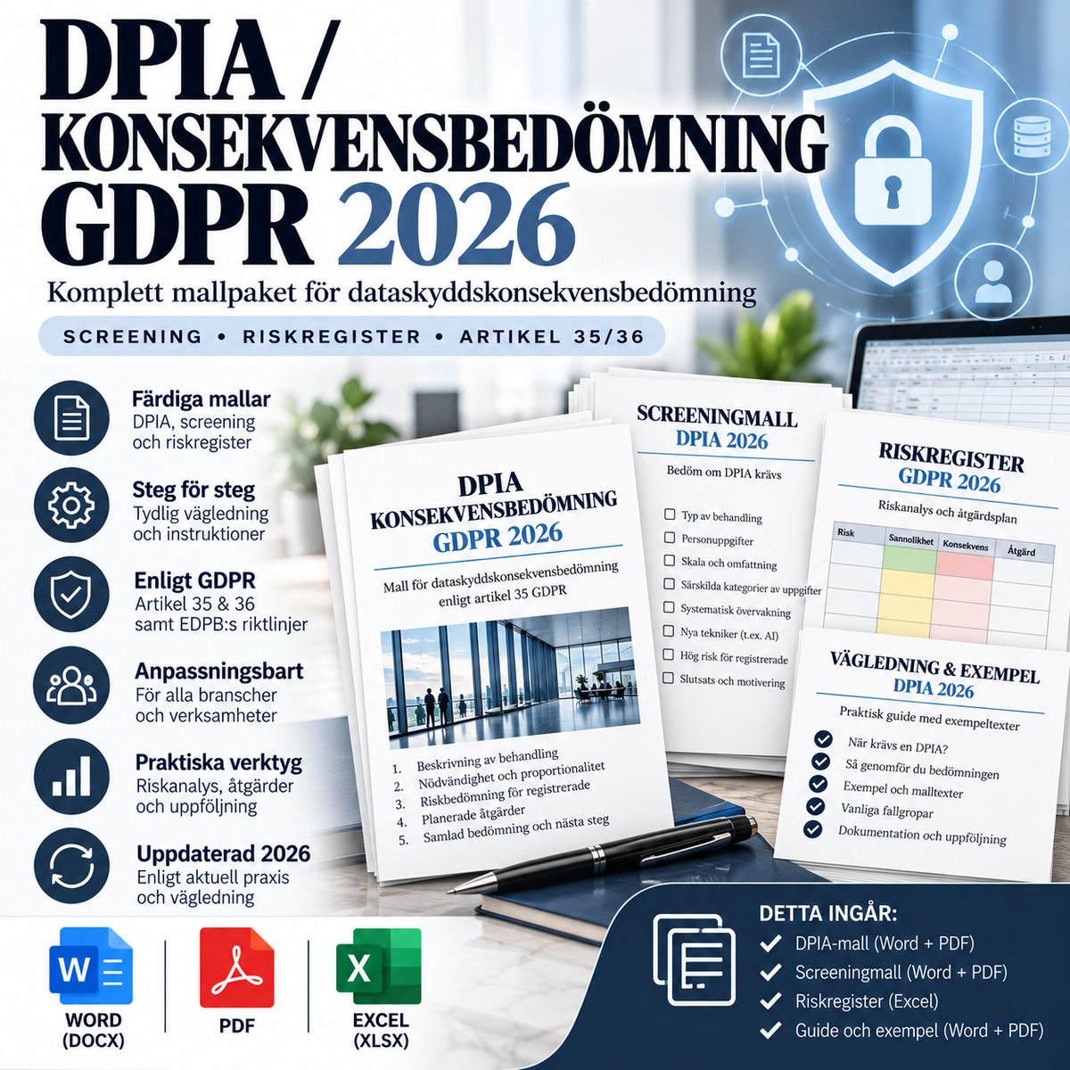 DPIA konsekvensbedömning GDPR mallpaket 2026 – Word, PDF och Excel