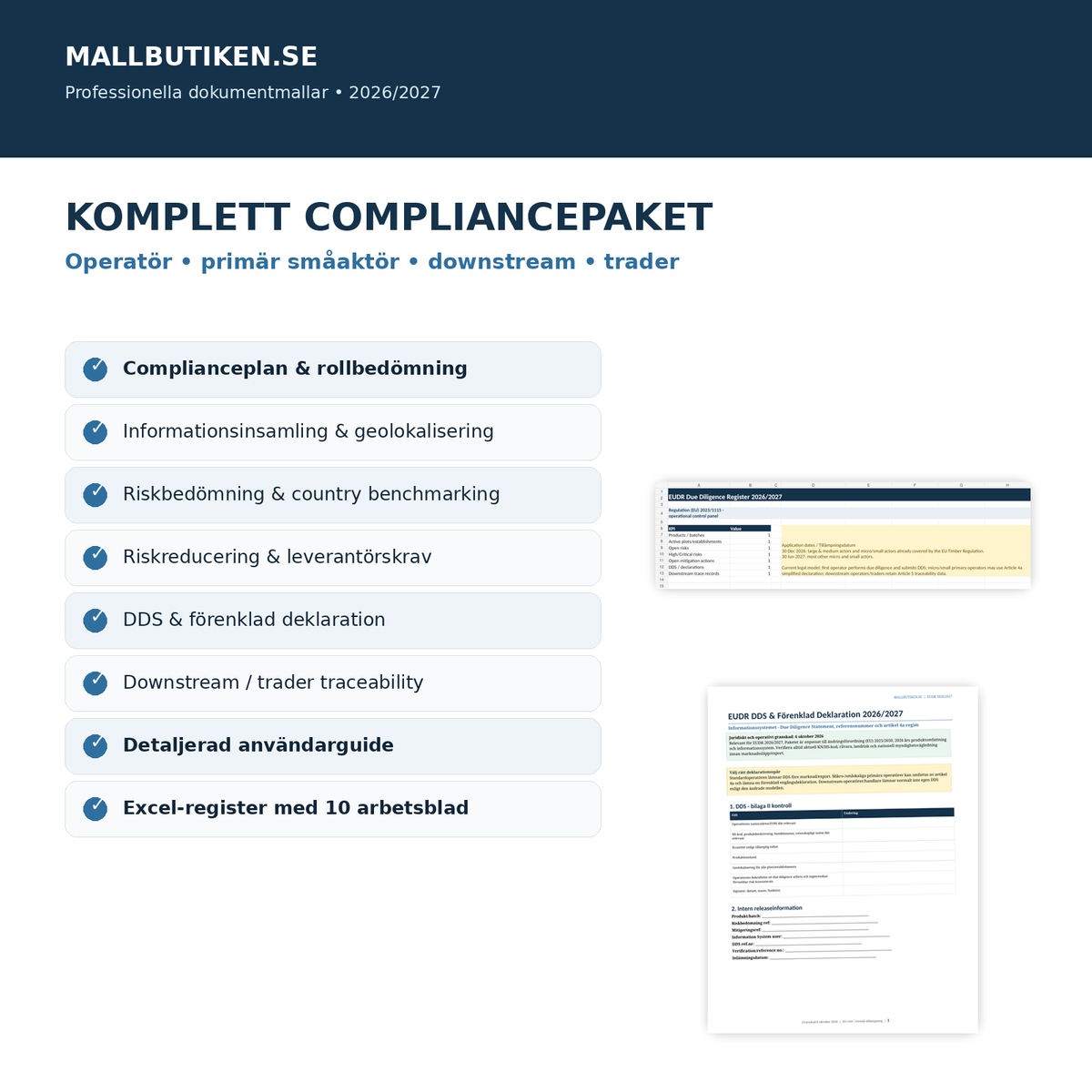 EUDR compliancepaket 2026/2027 operatör downstream trader Excel register