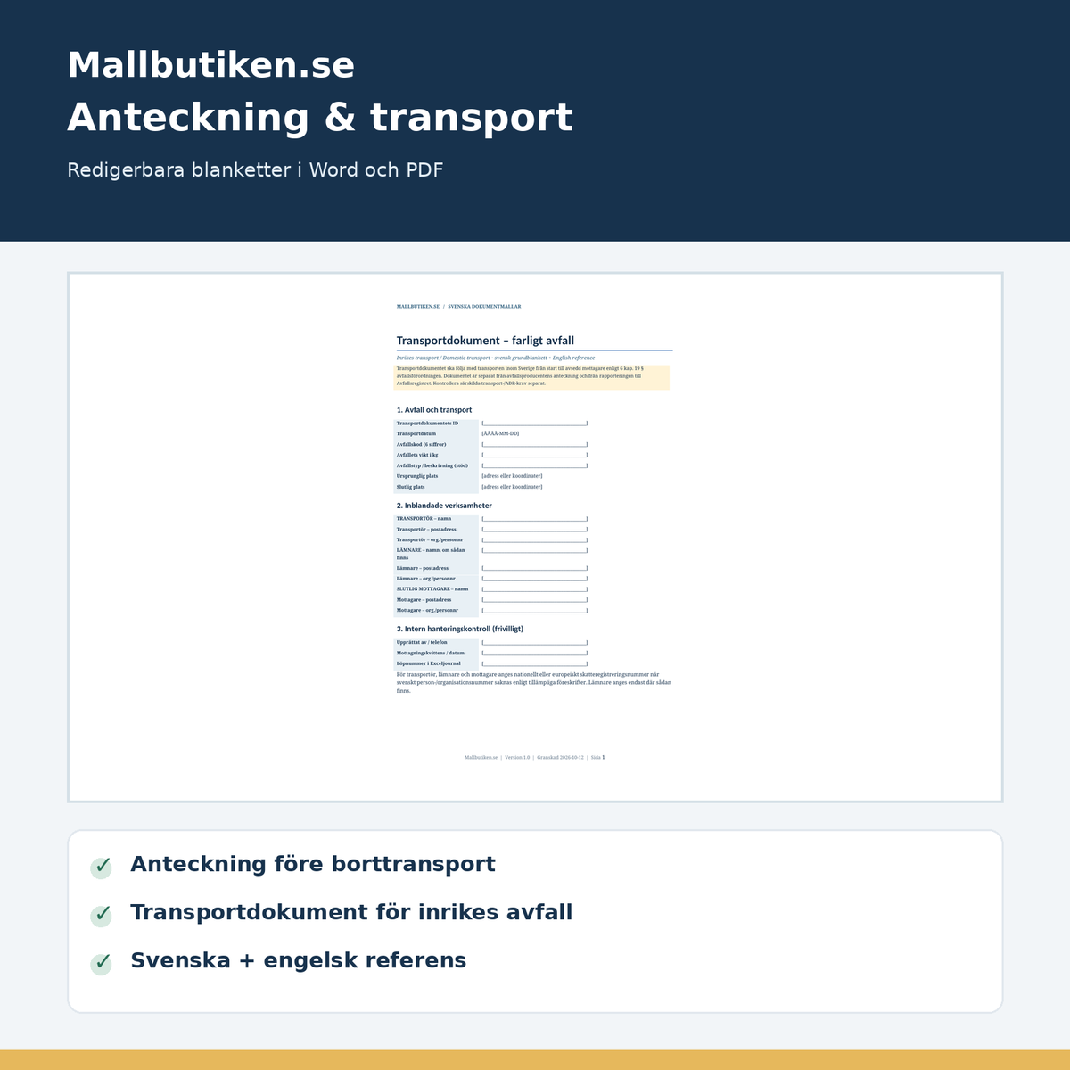 Anteckningsblad avfallsproducent och transportdokument i Word och PDF