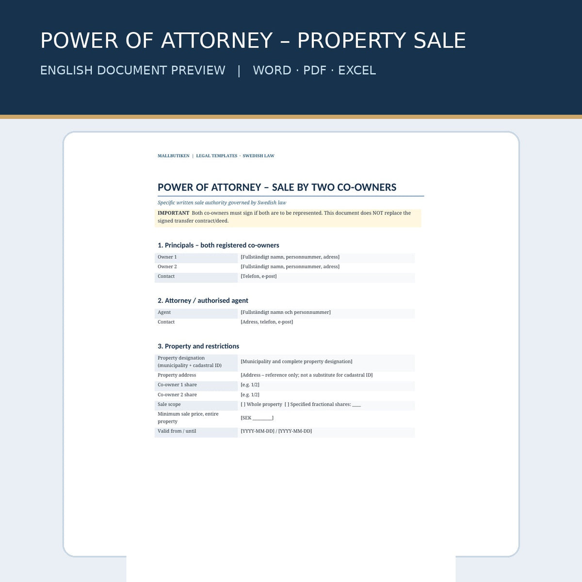 English-language Swedish law power of attorney for property sale – document preview