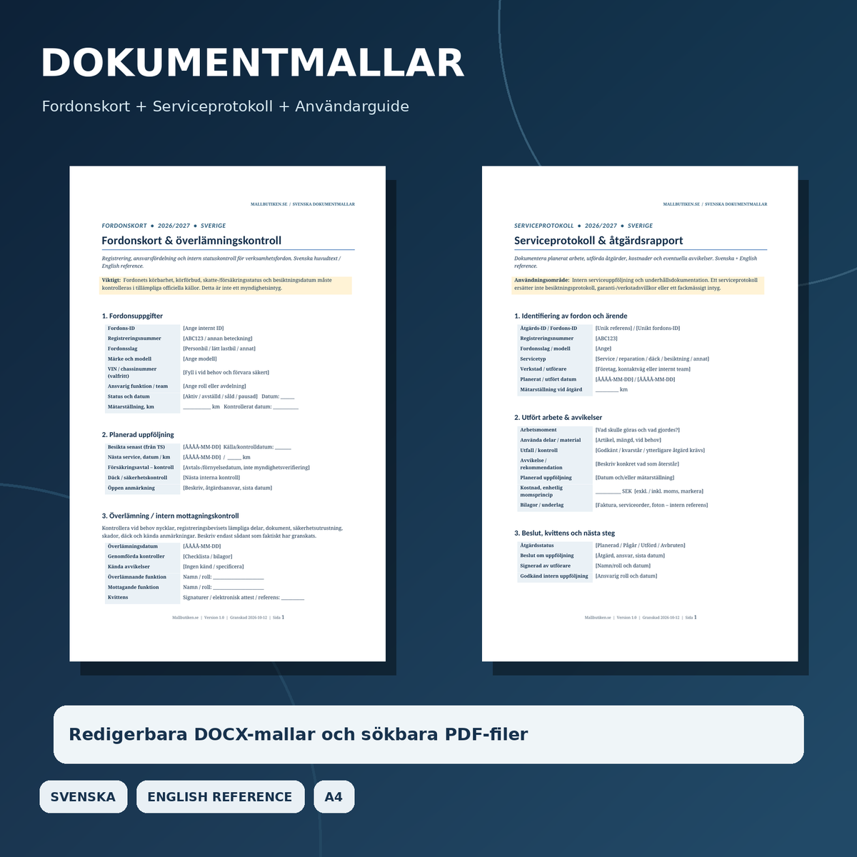 Fordonskort serviceprotokoll användarguide Word PDF svenska engelska