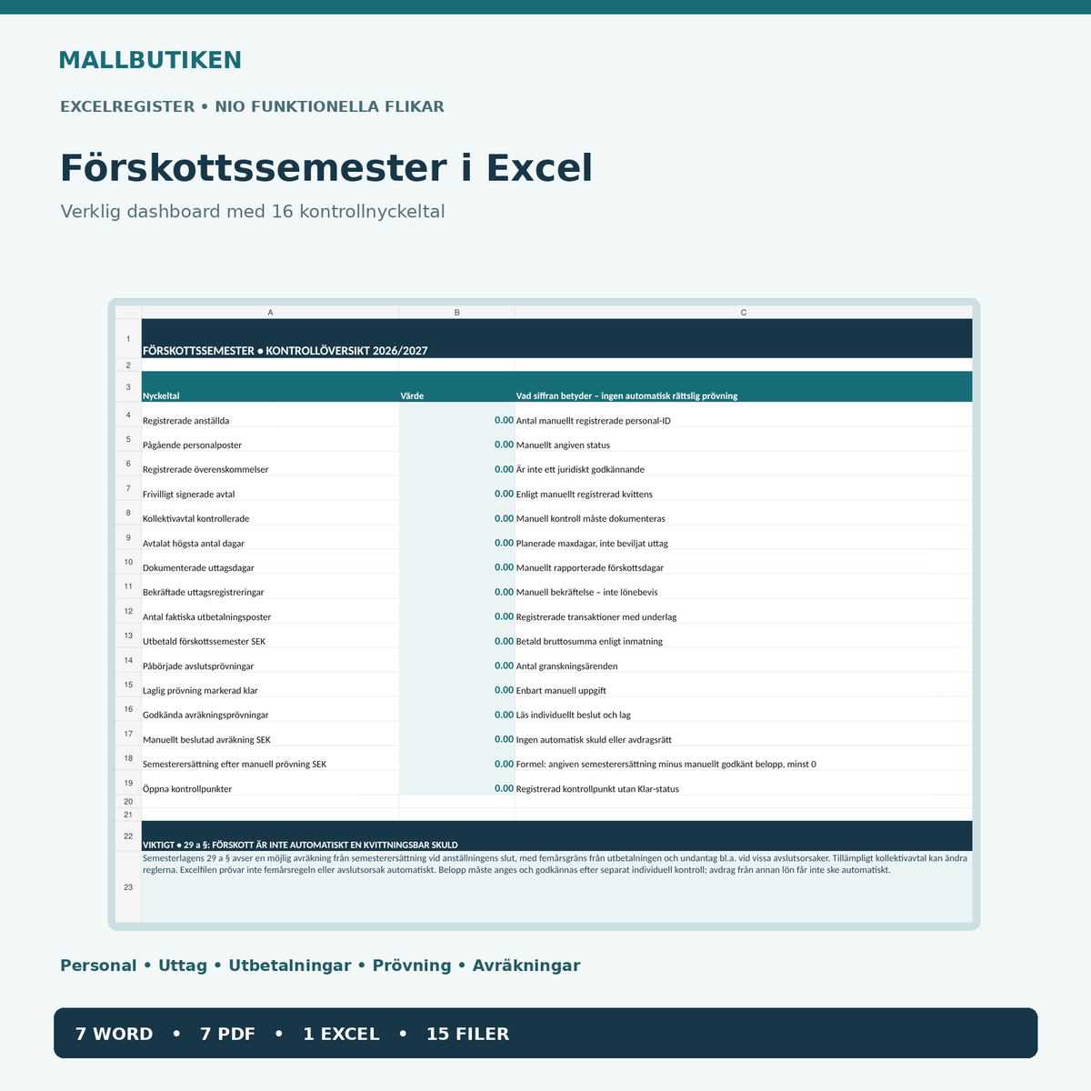 Förskottssemester Excel med nio flikar 16 nyckeltal, uttag betalning avräkning