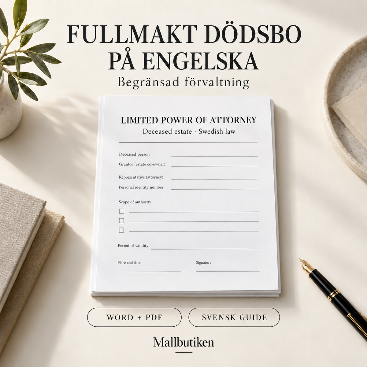 Fullmakt dödsbo på engelska för begränsad förvaltning – Word och PDF med svensk guide, illustrerad produktbild