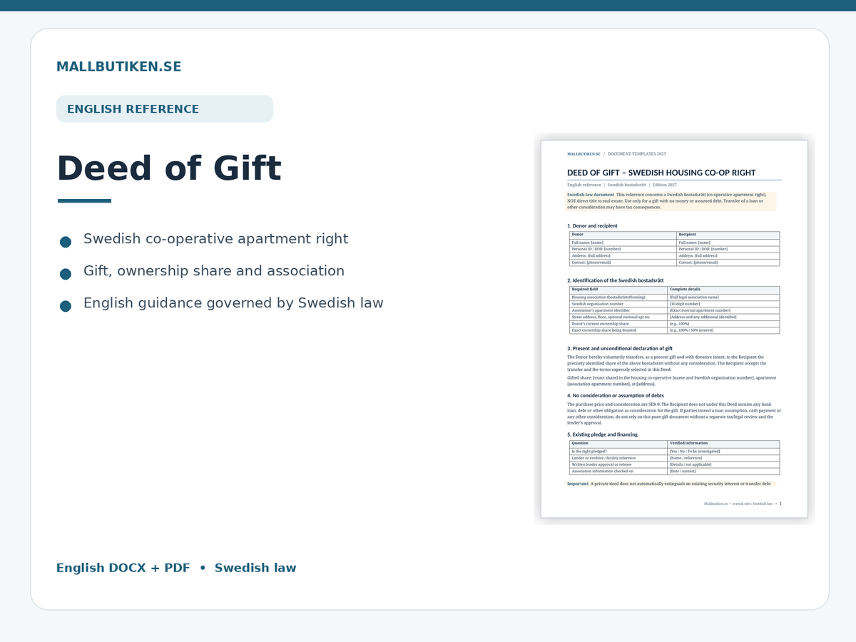 English Deed of Gift of Swedish cooperative apartment right – reference under Swedish law