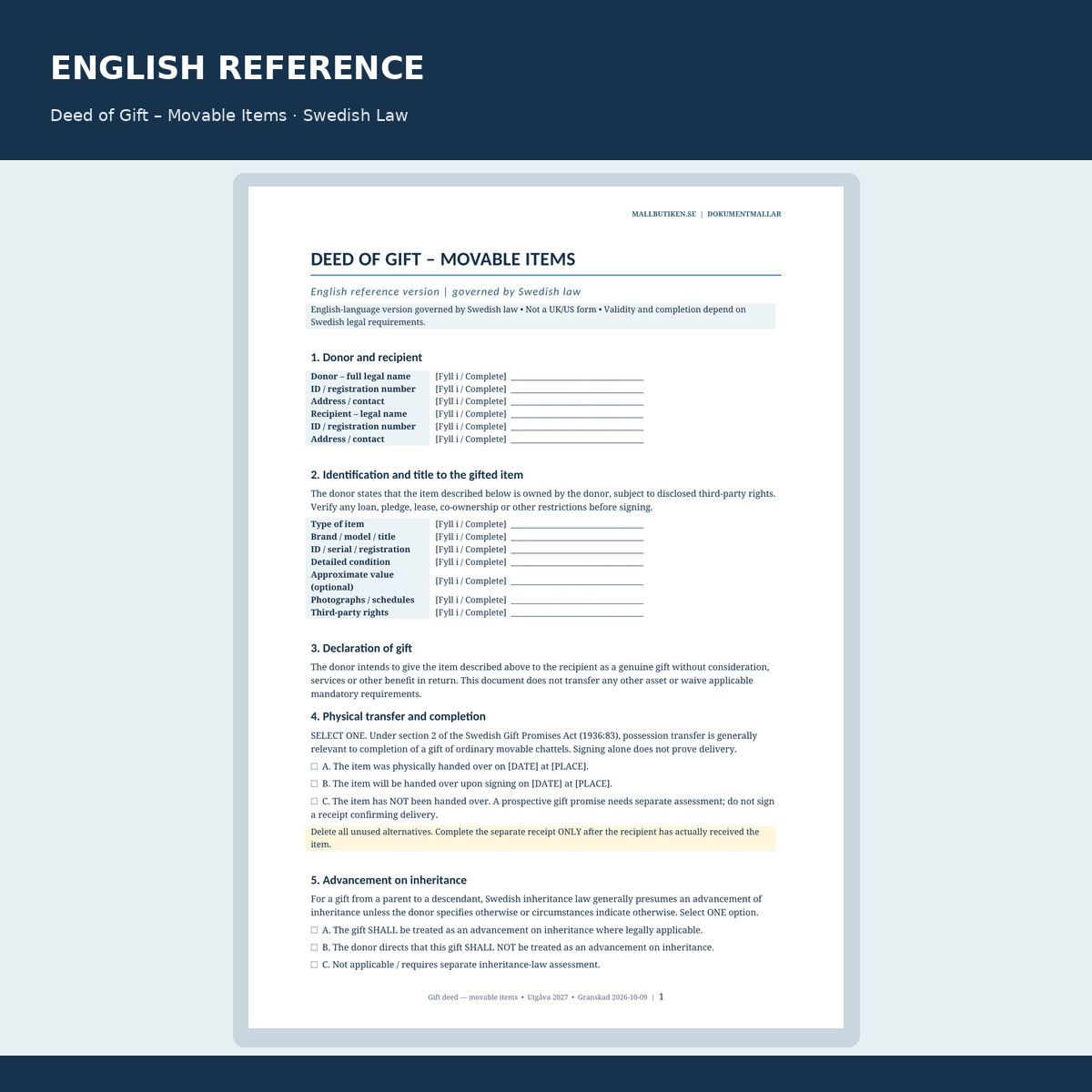 Deed of Gift – Movable Items, engelsk referensmall enligt svensk rätt