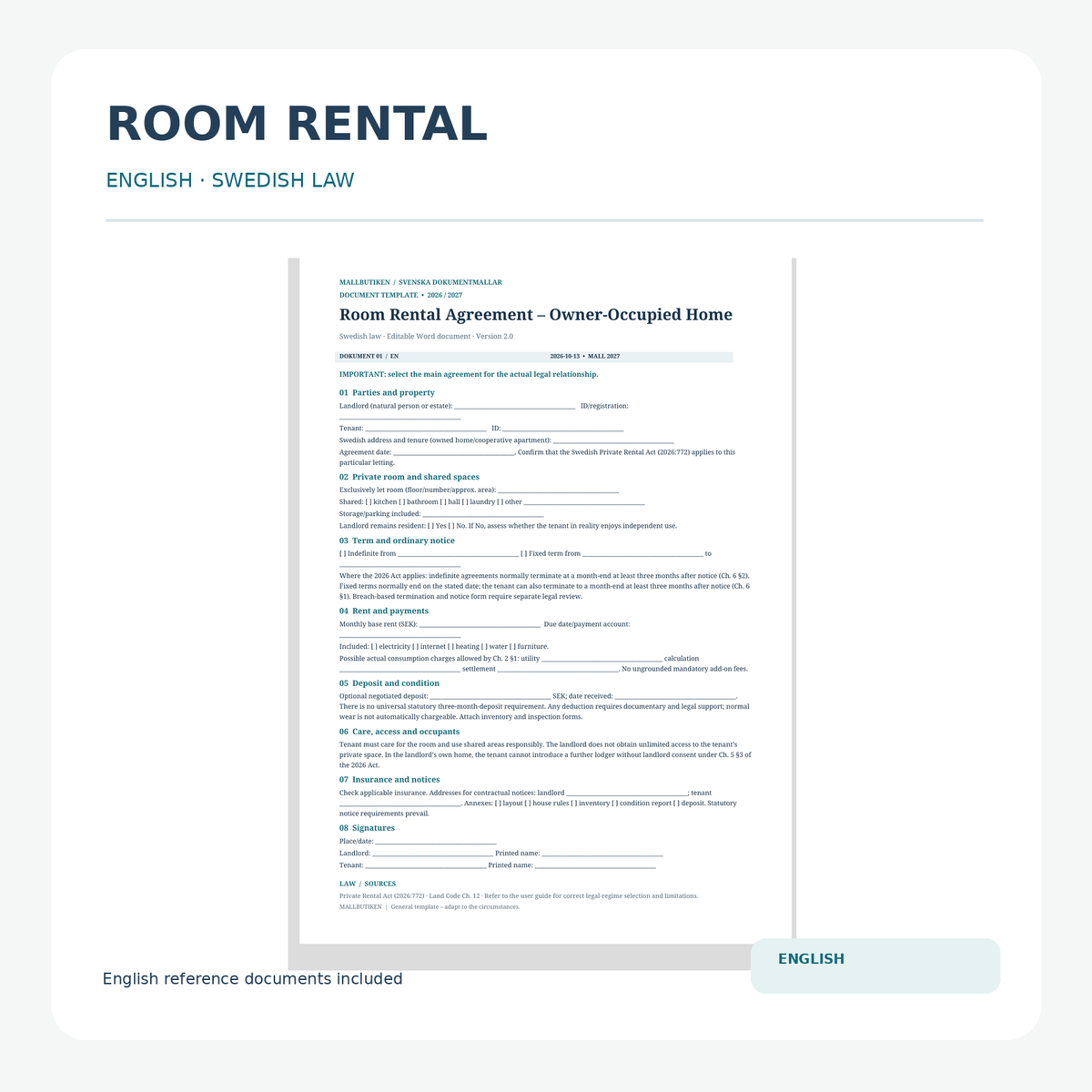 English Room Rental Agreement under Swedish law – actual Word and PDF preview