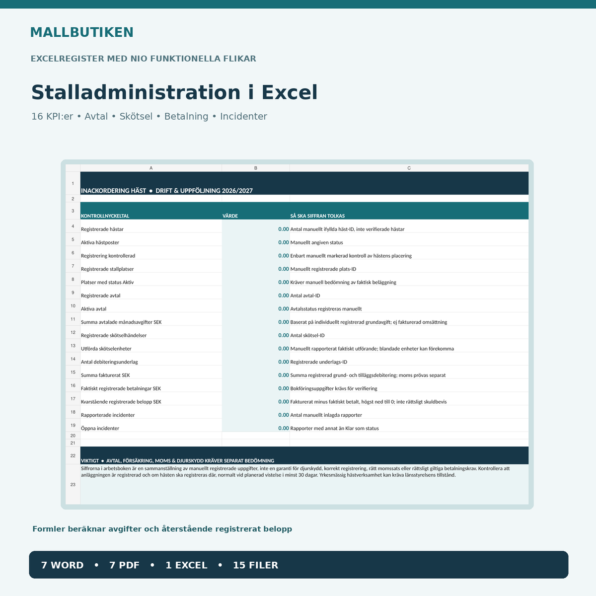 Excelregister för stallplatser, hästar, tjänster och betalningar med nio flikar