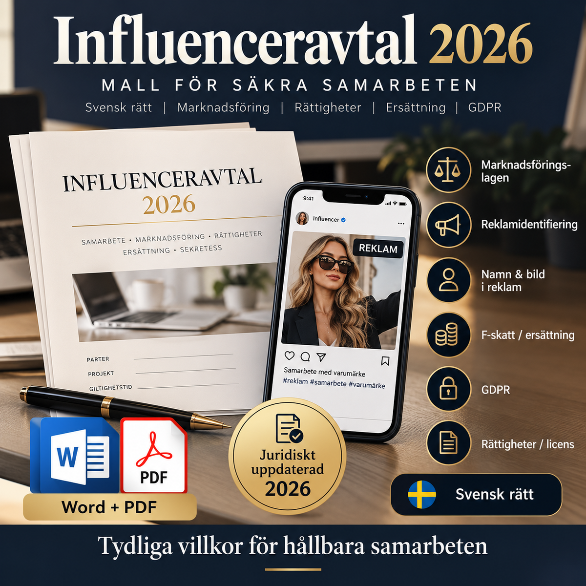 Influenceravtal 2026 med reklamidentifiering marknadsföringslagen F-skatt GDPR och licensrättigheter