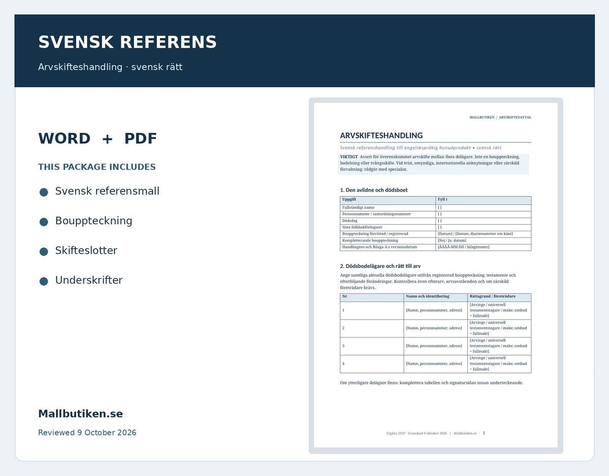 Förhandsvisning av svensk referenshandling för arvskifte