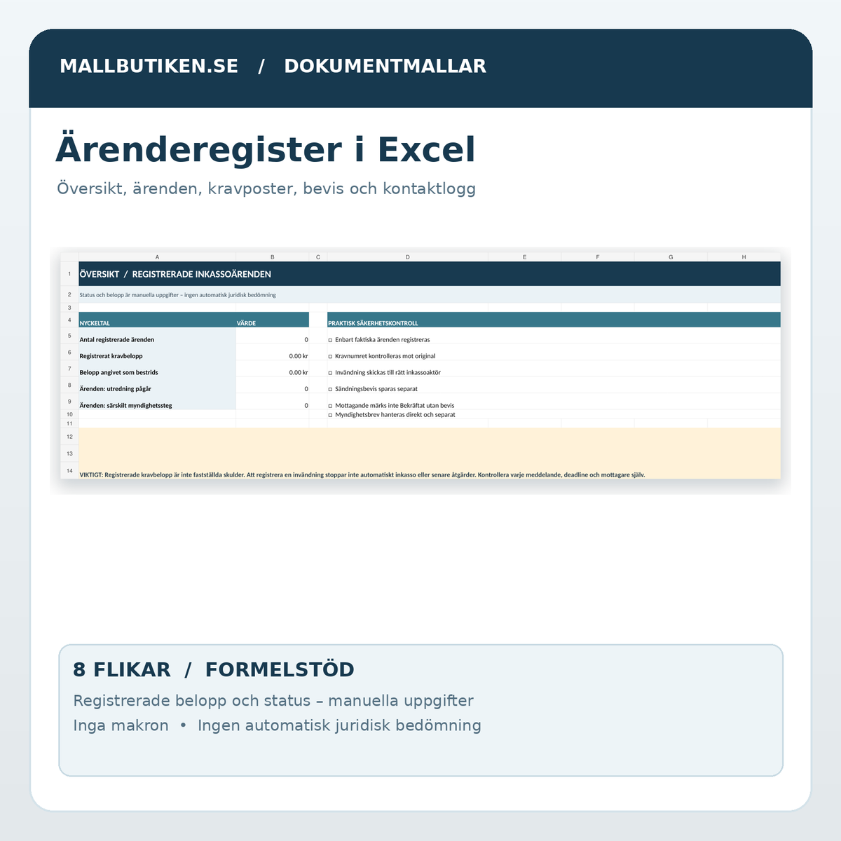 Excel – registrering av inkassoärenden och formelbaserad dashboard