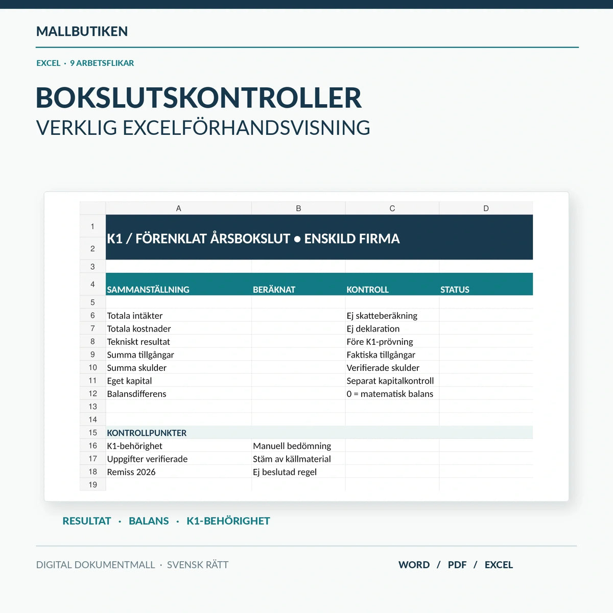 Excelöversikt för K1 enskild näringsverksamhet – verklig dashboard med resultat och balanskontroll