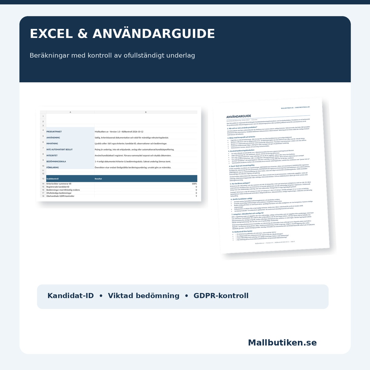 Kandidatmatris i Excel med bedömningsskala och GDPR-kontroll