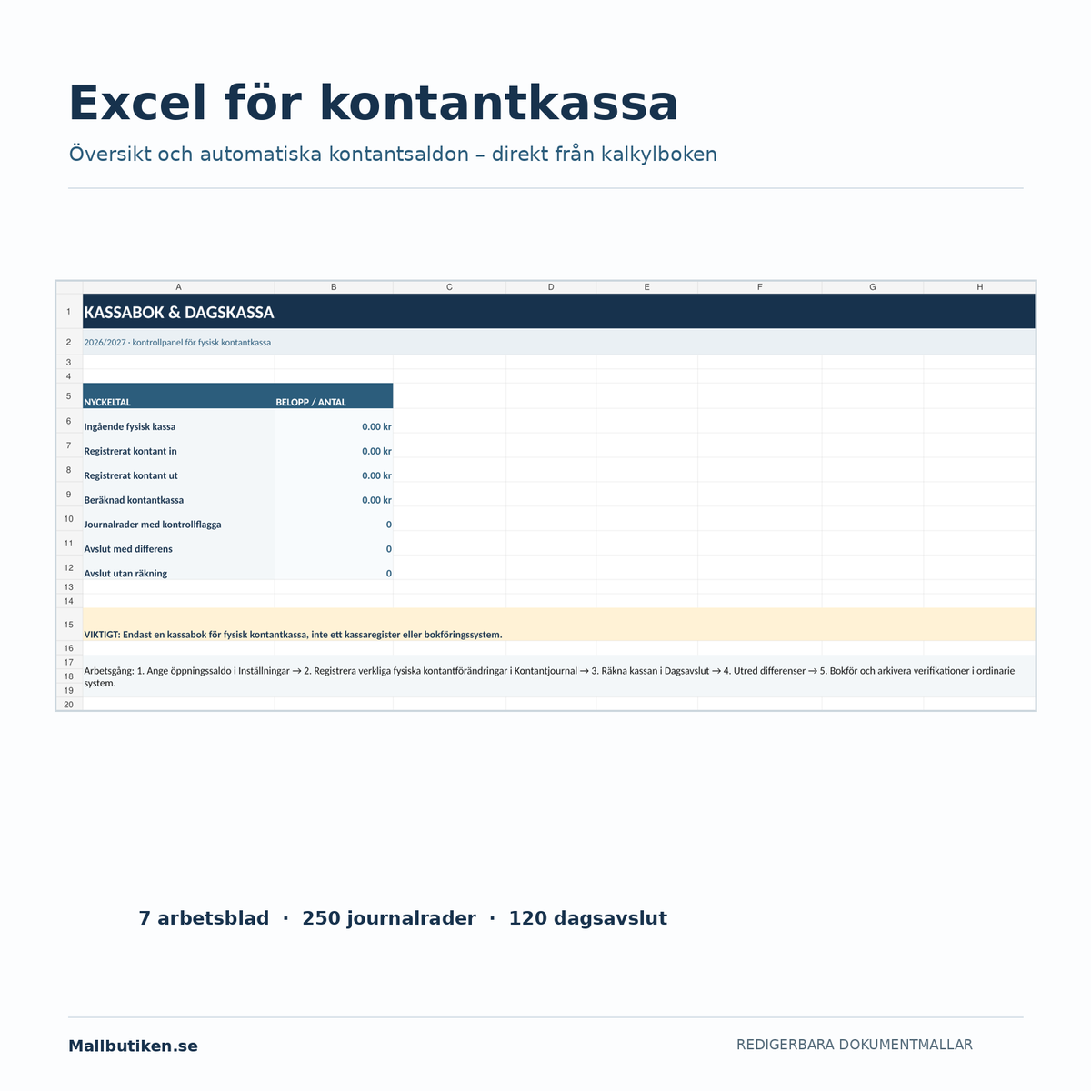 Excel kassabok 2026/2027 med automatiska kontantsaldon översikt och differensbevakning