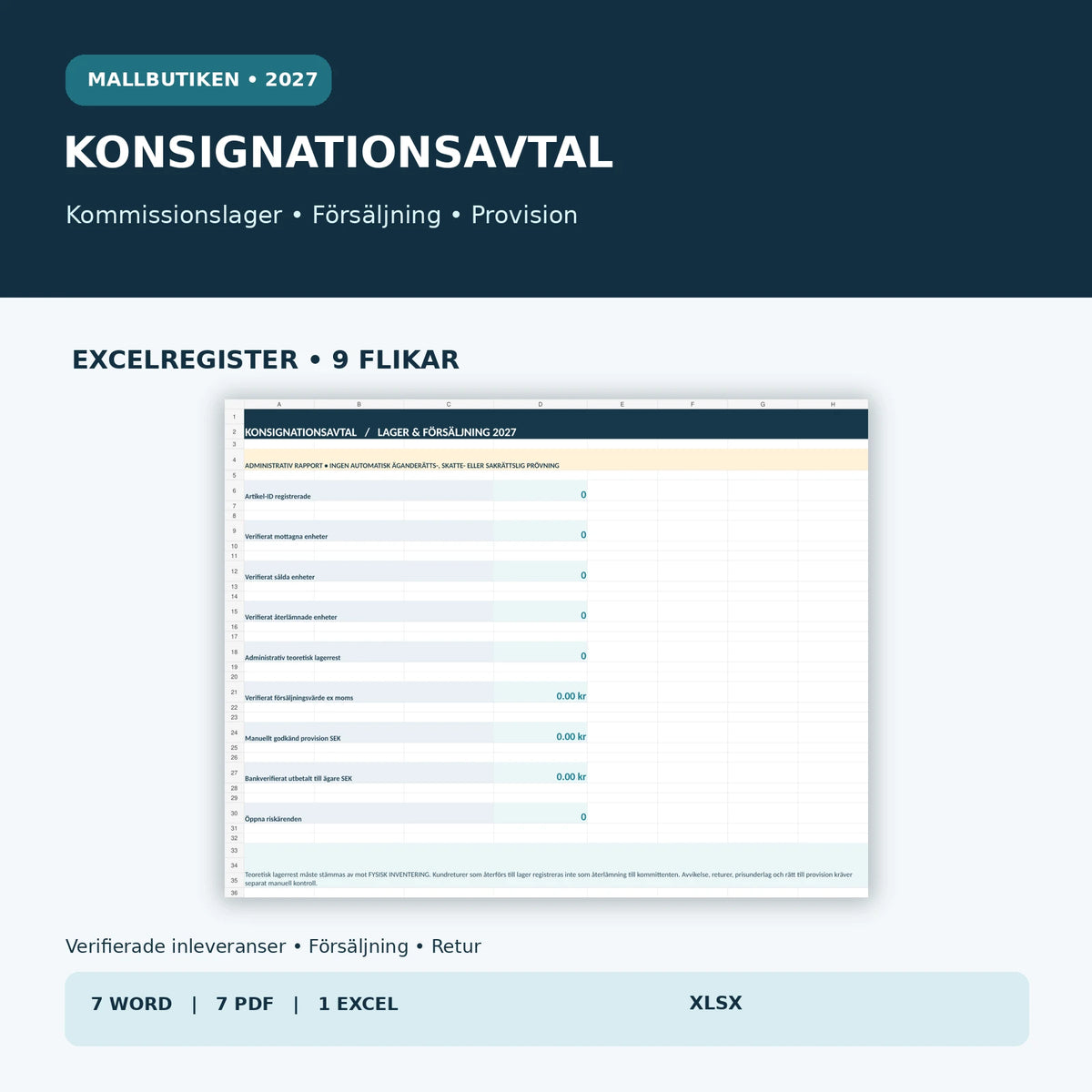 Excel för kommissionslager 2027 – verifierade inleveranser, sålda varor, returer, provision och administrativ lagerrest