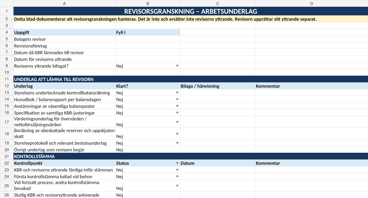Förhandsvisning av revisorsunderlag i kontrollbalansräkningsmallen