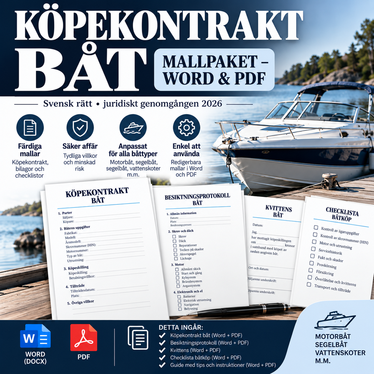 Köpekontrakt Båt Mallpaket – Word och PDF för privat båtaffär