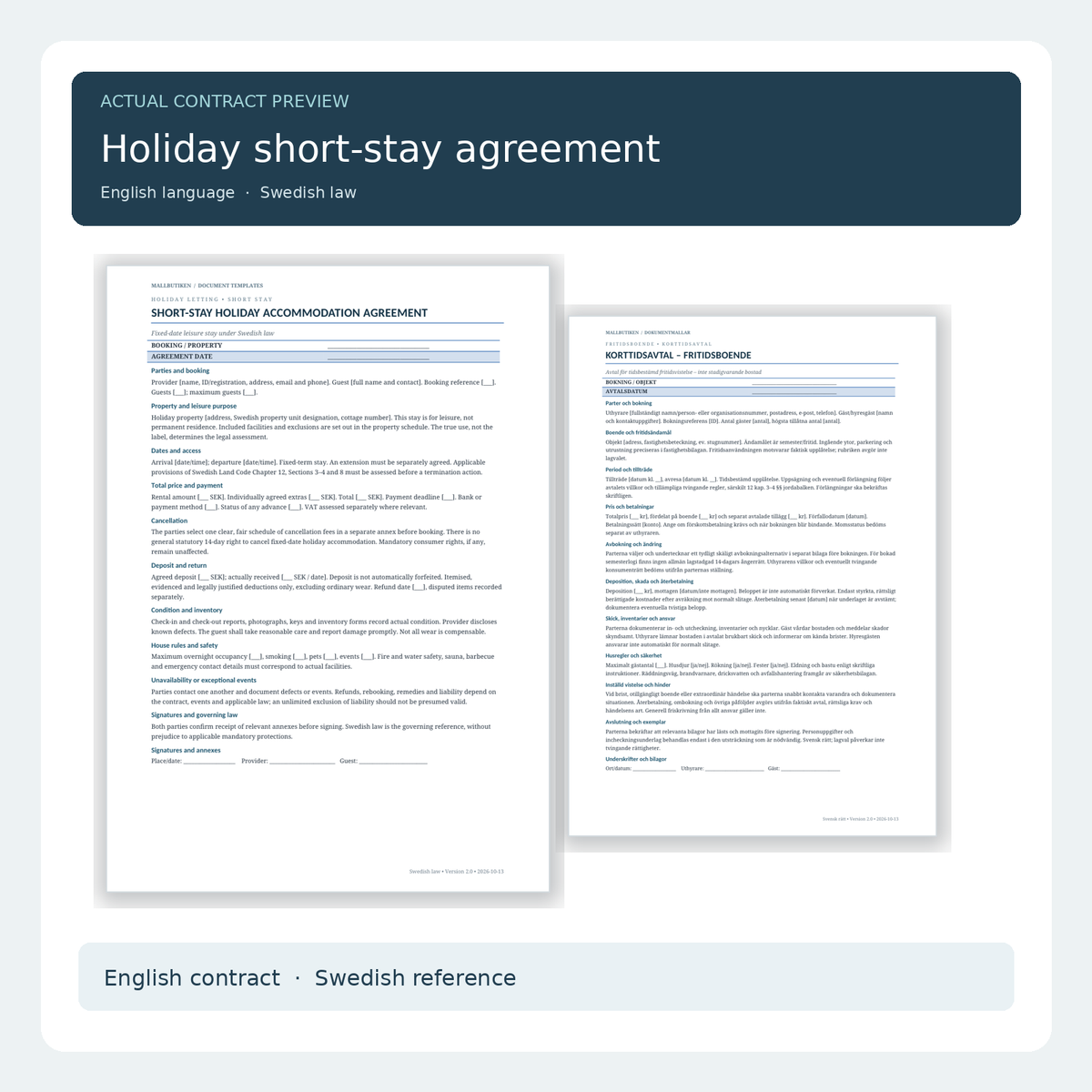 Holiday short-stay rental agreement under Swedish law – actual English and Swedish contract preview