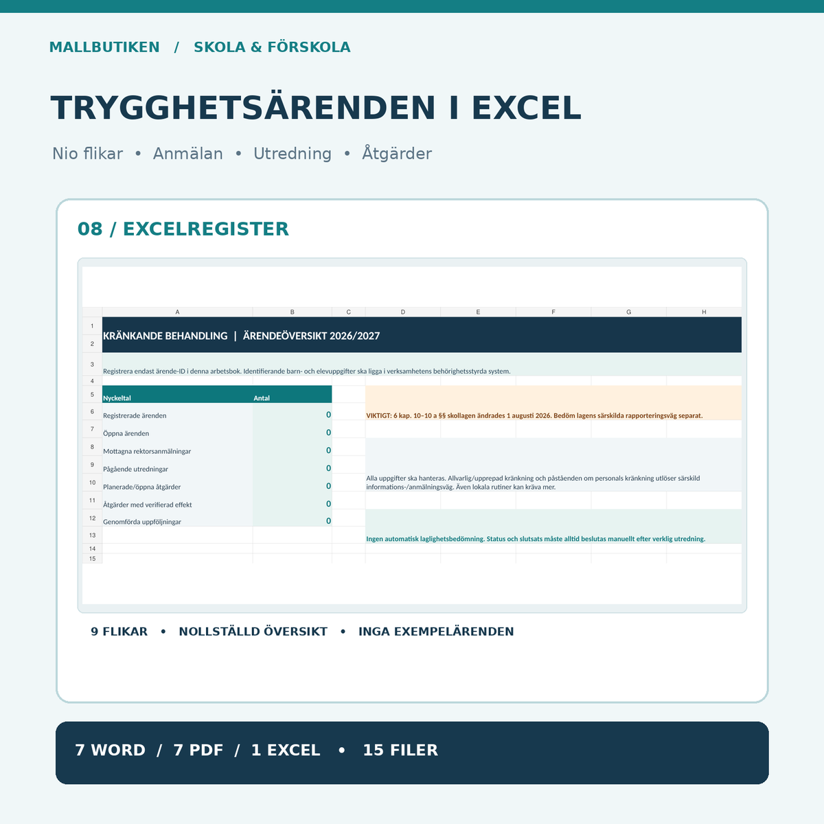 Kränkande behandling skola Excelregister – verklig nollställd ärendeöversikt och nio flikar
