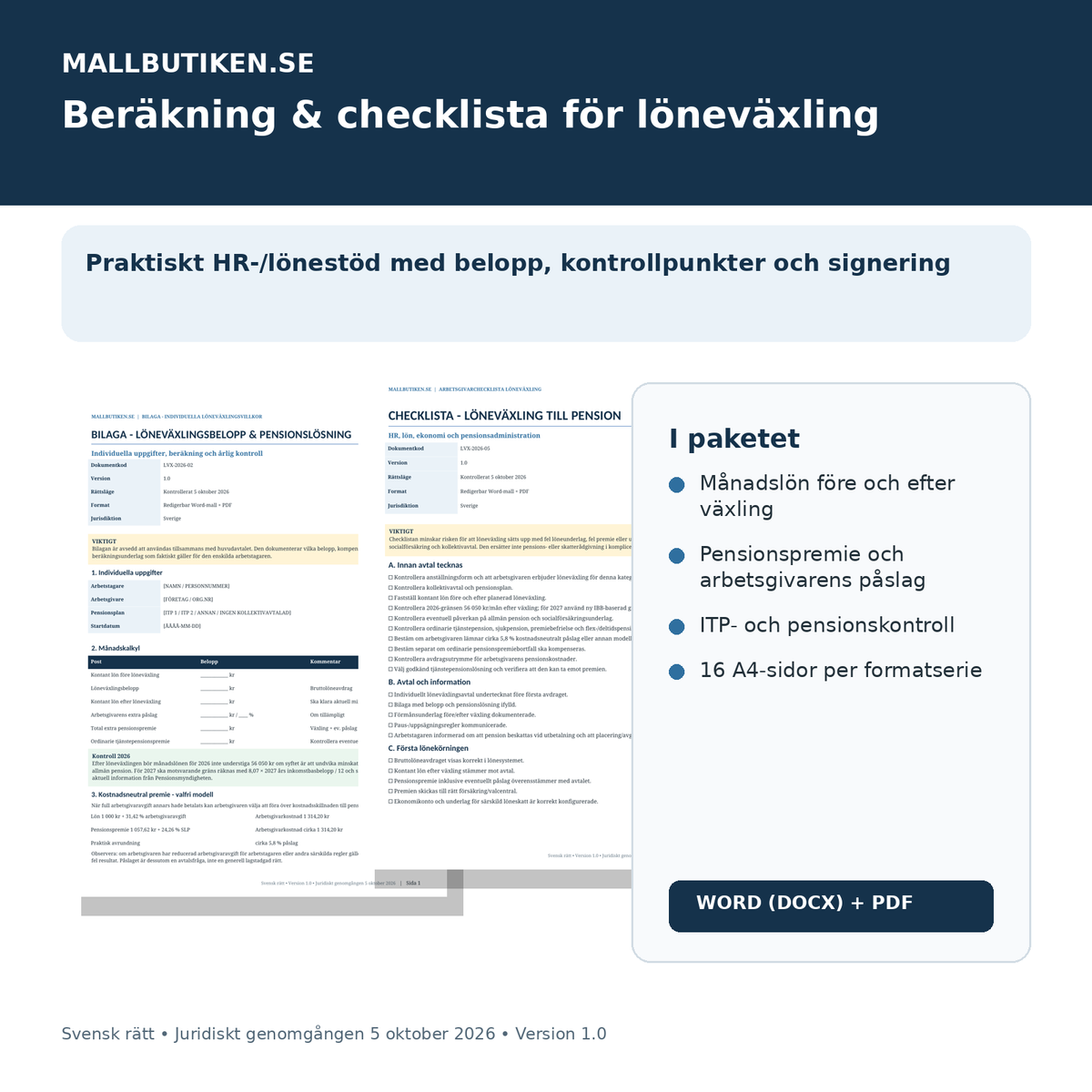 Löneväxling pension beräkning och checklista 2026/2027 – HR mall