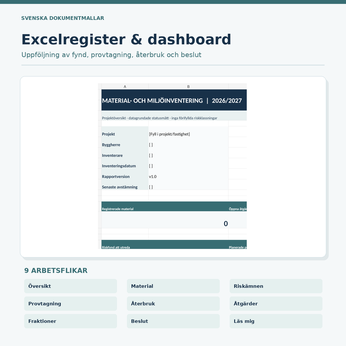 Excelregister materialinventering 9 flikar med dashboard, riskregister och återbruk